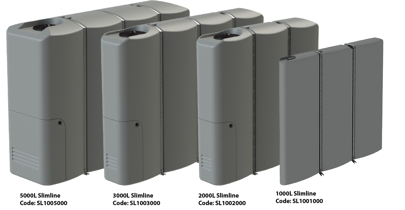 Row of Promax Slimline rainwater tanks beside NZ townhouses
