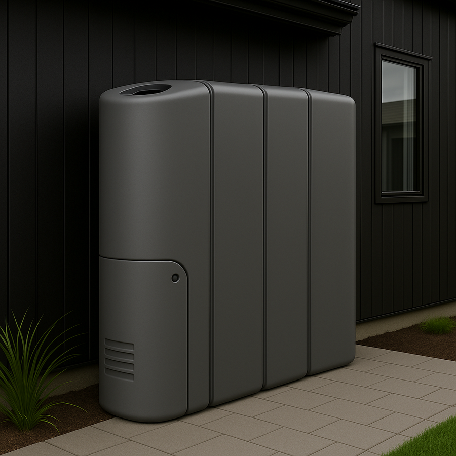 Slimline tank installed between a house and fence